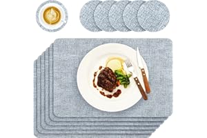 Enloffi Juego de 6 manteles Individuales Cuero PU Salvamanteles Individuales Antideslizante Resistente al Calor Manteles Individuales y Posavasos para Cocina Hogar Restaurante Hotel, Azul Claro