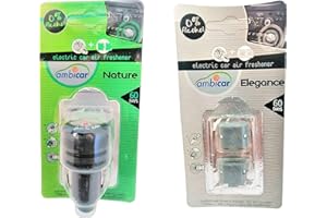AMBICAR - Ambientador eléctrico para COCHE. Pack Nº4 (DIFUSOR + RECAMBIOS Nature y Elegance) Esencias Naturales, SIN Alcohol ni Químicos. Fragancia fresca y aroma jazmín