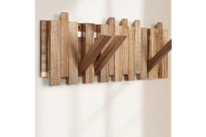 KINGSOW Coat Rack Wall Mounted: Rustic Wooden 8 Flip-Down Hooks – 42.5x17x2.5cm Space-Saving Hallway Wall Hooks for Coats Jackets Bags Hats (Staggered Style)