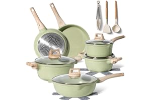 JUST PERFECTO HOUSEHOLD APPLIANCES Just Perfecto Set of 15 Pots and Pans, Non-Stick Cookware Set, Granite Induction Cookware Non-Stick Set with Frying Pans and Saucepans (PFOS, PFOA Free) (Green)