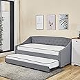 KOSY KOALA Linen fabric daybed grey sofa bed with underbed trundle living room bedroom furniture guest day bed sofabed (Grey, With 2 mattresses)