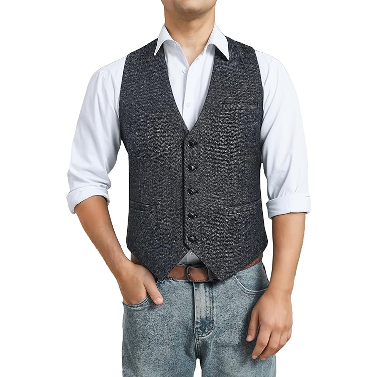 HISDERN Herenvest, formeel, casual, klassiek, V-hals, effen kleur, gilets voor mannen, UK bruiloft, feest, zakelijk, katoenen pak, vest met zakken, XS-4XL, Zwart, XXL