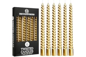 DECO EXPRESS Dinner Candles Pack of 3 or 6 Twisted Non Drip Coloured Spiral Candles Long Lasting 6 Hours Burn Non Scented (Gold, Pack of 6)
