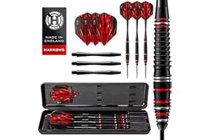 HARROWS Dardos Negros de aleación de Alto Grado Fire | Juego de Dardos con Punta de Acero y Estuche de Transporte | 21 g, 22 g, 23 g y 24 g| Incluye Ejes Speedline y Plumas de Fuego de 100 micras.