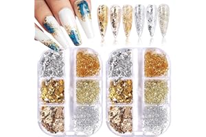 EBANKU Glitter per unghie in foglia, 2 scatole per nail foil oro argento rame glitter per unghie decorazione di design arte (2 scatole/12 griglie)