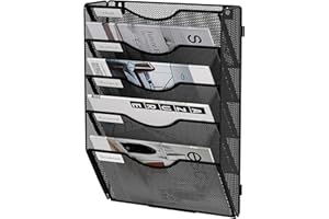 Senhoglb A4 Newspaper Holder Wall 5-Tier Mesh Hanging File Holder Magazine Rack Wall Folder Organiser with Pockets Metal Documents Organiser Brochure Holder Wall for Office, Black