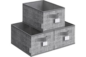 SONGMICS Aufbewahrungsbox 3er Set, zusammenklappbar, Stoffboxen aufbewahren, 30 x 20 x 15 cm, für Kleiderschrank, 2 Griffe, Etikette, für Schlafzimmer Wohnzimmer, schilfgrau ROB415G01