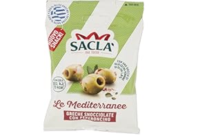 Saclà, Olive Verdi Greche Denocciolate con Peperoncino, Snack Salato con 73 kcal, Ideali On-The-GO in Ogni Momento della Giornata, Monoporzione da 50g, Confezione da 12 Pezzi