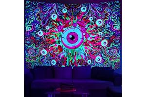 Yugarlibi Schwarzlicht Wandteppich UV Reaktiv Wandbehang Bunt Augen Pilz Wandteppich Ästhetik Hippie Tapisserie Fluoreszierend Wanddekor Wandtuch für Wohnzimmer, Schlafzimmer, Heim 210x150cm