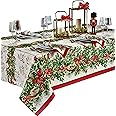 Newbridge Christmas Holly Ribbon Traditions Bordered 60 x 84 Inch Rectangle Fabric Tablecloth, Boughs of Holly and Berry Ribbon Garland Dining Table Cover for Holiday Party