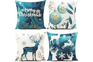 HUASHUZI Świąteczne turkusowe poszewki na poduszki świąteczne dekoracje dekoracyjne jeleń zestaw 4 świątecznych dekoracji na imprezę rodzinną dekoracyjne do domu na sofę salon 40 x 40 cm