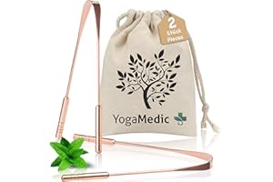 YOGAMEDIC Miedź do czyszczenia języka, 2 sztuki, 100% – Ayurveda Tradition – naturalnie antybakteryjna ochrona przed zapachem ust, stabilne uchwyty, worek bawełniany, skrobak do języka, 2 sztuki