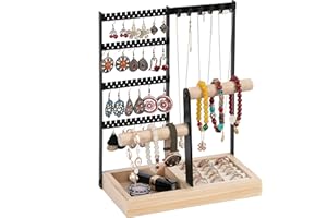 QILICZ Présentoir à bijoux noir - Arbre à bijoux avec 48 trous - 6 crochets - 2 supports pour bracelets et bagues - Rangement pour chaînes, boucles d'oreilles, bagues, bracelets, montres