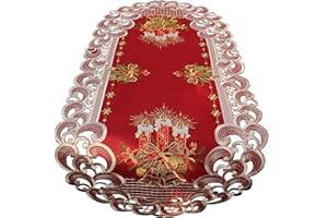 HanaQi Weihnachten Tischläufer Tischdecke Dunkelrot Leinenoptik Rot Kerzen Stickerei (ca. 40x90 cm Oval)