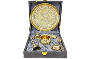 NOBILITY Brass Pooja Thali Set with Grey Gift Box 6 Inch Pital Plate Kalash Spoon Chandan Wati Dhup Dan Kuber Diya Ghanti Puja Arti Thali for Diwali Home Office Mandir Wedding Return Gifts