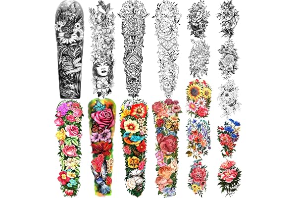 Tatouages temporaires imperméables de bras complet 10 feuilles et tatouage d'épaule demi-bras 8 feuilles, autocollants de tatouage durables extra larges pour hommes et femmes (22,83 "X 7,1")