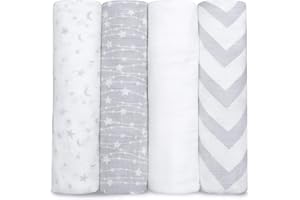 Comfy Cubs Muslin Swaddle Blankets (Pack of 4) - 119 x 119 cm, Soft Cotton Baby Blanket Set, Large Swaddling Wraps for Newborns - Nursing Cover Newborn Baby Gifts (Grey)