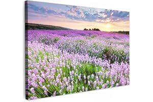 MuchoWow© Bilder Groß 120x80 cm XXL Wohnzimmer Deko Modern Wandbild Foto auf Leinwand Bild Schlafzimmer Room Decor Geschenke Blumen - Lavendel - Lila - Himmel - Sonnenuntergang - Wiese - Natur