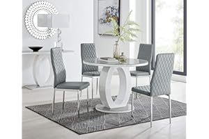 Furniturebox UK Dining Room Set - Giovani Round Dining Table and Chairs Set Of 4 - Contemporary High Gloss and Glass Table with Exquisite Milan Chairs (Dining Table + 4 Grey Milan Chairs)