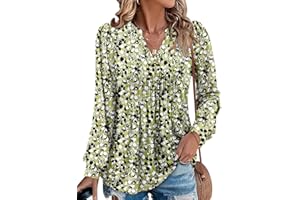 CHICZONE Women's Tunic Tops Puff Sleeve V Neck Pleated Blouses Casual Dressy Loose T-Shirts