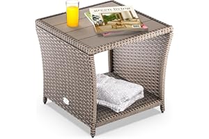 CASARIA® Polyrattan Garden Side Table WPC Table Top | 45x45x40cm 80kg Load Capacity | Weatherproof Outdoor Patio Deck Balcony Furniture Coffee Table | Adjustable Levelling Feet | Cream