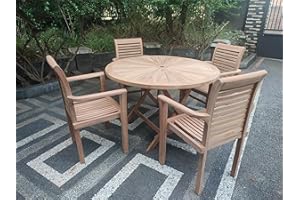 Emporium Furniture Outdoor Garden Furniture| Wooden Dining Table and Chairs| Quality Teak Wood 4 Seater Dining Sets| Balcony Bistro Patio Furniture (SunBurst Table + 4 Stacking Chairs Set)