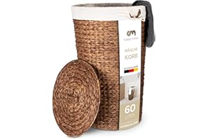 Casa Mina® Wäschekorb mit Deckel D40 x H65cm hoch| Atmungsaktiver Wäschekorb geflochten aus 100% Naturfaser I Robuster Wäschesammler mit Griffen & waschbarem Innensack I Wäschekörbe - Lombok