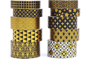KAVI' S 10 rouleaux Washi Tape Set, Ruban Adhésif Décoratif Œuvre d’art inspirée Feuille d’or Masking Tapes pour Arts, Bullet Journal, Scrapbooking, Bricolage, Emballage (noir classique)