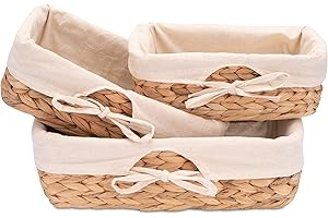 Decorasian - Set di 3 cestini per la tavola intrecciati in giacinto d’acqua con panno di lino, ideali per il pane