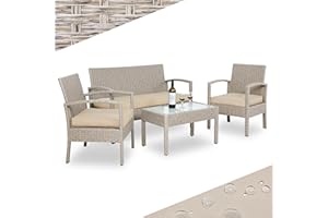 CASARIA® 7pc Weatherproof Polyrattan Garden Furniture Set | Suitable for up to 4 People | Outdoor Patio Seating Group with 2 Armchairs, Bench, 3 Cushions, & Frosted Glass Top Table | Cream