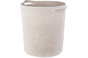 SweetMemo Tall Woven Blanket Basket for Laundry and Toy Storage, Beige | Large Decorative Cotton Rope Basket with Handles for Clothes, Throw Pillows, Living Room, Bedroom, Nursery, 15.7x13.8x17.7 in