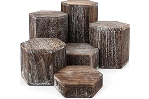 BELLE VOUS 6 Tronchi Legno Decorativi Esagonali Marroni e Vintage - Espositori in Legno per Ripiani e Piani di Lavoro - Colonne per Allestimenti Vetrine, Vendita al Dettaglio, Cupcakes e Dolci