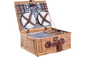 ‎EGENUSS eGenuss Handgefertigter Picknickkorb für 4 Personen mit Kühlfach, Edelstahlbesteck, Porzellanteller, Weingläser, Salz- und Pfefferstreuer | BLAU