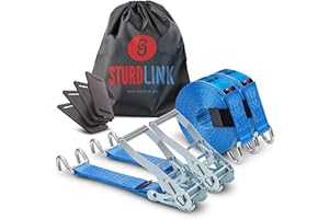 Sturdlink x2 Juego de Correa de Amarre con Trinquete de 50mm de Ancho con Ganchos de Hierro, 9m, LC 2500 kg / 5000 kg, STF 350daN. para Transporte, Camion, Remolques. Calidad Profesional, EN 12195-2