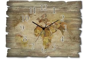 ‎ARTLAND ARTLAND Wanduhr ohne Tickgeräusche aus Holz Funkuhr 40x30 cm Rechteckig Lautlos Weltkarte Kontinente Länder Retro Vintage Originell T9NI