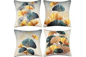 ETOLISHOP Fodera per Cuscini 40x40 Lino Ottanio oro Ginkgo Decor Federe Cuscini Divano Federe Copricuscini per Cortile Esterno Giardino Patio Letto Soggiorno Balcone Giungla Decorazione Rustica Set di 4