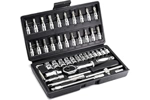 LUOWAN 46 Piece 1/4 Inch Drive Socket Set&Tool Sets,Ratchet Wrench Set with 4-14mm Cr-V Sockets,Screwdriver Bits,Extension Bars for Household Car Bike Repair