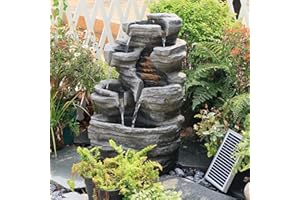 Bumilgar 62CM Solar Water Fountain Outdoor, 6-Tier Cascading Rock Feature Garden Fountains and Waterfalls with Light, Pump, Solar Panel for The Patio, Deck, Porch, Backyard Home Décor, Stone Gray