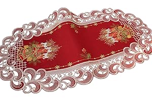 HanaQi Weihnachten Tischläufer Tischdecke Dunkelrot Leinenoptik Rot Kerzen Stickerei (ca. 35x70 cm Oval)