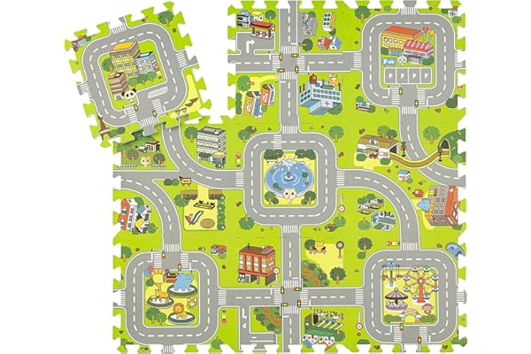 Baroni Toys Tapis Puzzle pour Enfants en EVA 9 Pièces avec Graphiques de Rues, Tapis en Mousse à Emboîter, Matériau Sûr et Non Toxique, 32x32 cm
