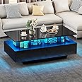 YITAHOME Coffee Table with Storage, High Glossy 16 Color Adjustable LED Coffee Tables for Living Room, Black Coffee Table with Open Display Shelf and 4 Drawers, Modern Wooden Rectangle Tea Table