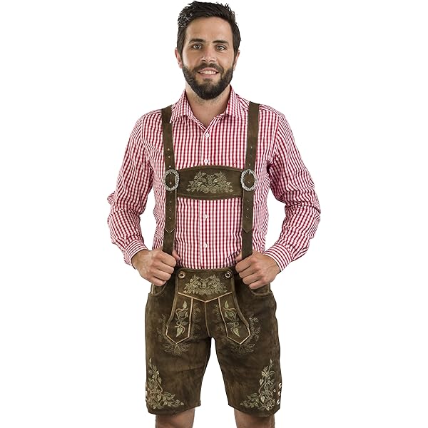Pantalones De Otoño De Cuero Trachten De Cuero Marrón - Finos Bordados - Pantalones Clásicos De Cuero Trachten De Schöneberger Incl. Tirantes (48, Marrón