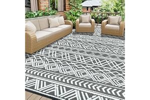 Homcomodar Tapis d'extérieur pour Patio Imperméable,Tapis de Jardin Réversible 270x365cm,Grand Tapis en Plastique,Tapis d'intérieur Extérieur Résistant Aux UV pour VR Balcon,Plage Terrasse Gris/Blanc