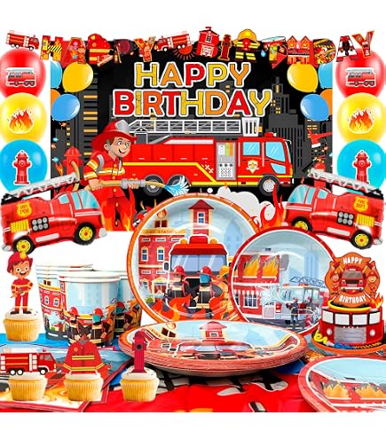 69 Pièces Vaisselle Anniversaire Thème Pompiers - Pour 16 Personnes - Assiettes, Gobelets, Serviettes, Nappe