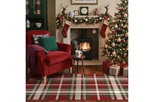 BEIMO Tapis de Noël Antidérapant, 80x150 cm à Motif Vichy Rouge et Vert, Court Velours Lavable en Machine pour Salon, Cuisine, Cheminée, Côté Sapin