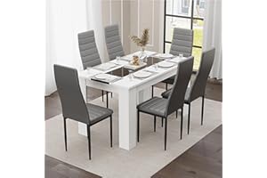 Blisswood Dining Table Set, Dining Table and Chair Set, Pu Leather Dining Room Chairs and 17mm Thick Table Top Long Modern Dining Table Set (White & Black Dining Table and 6 Grey Chair)
