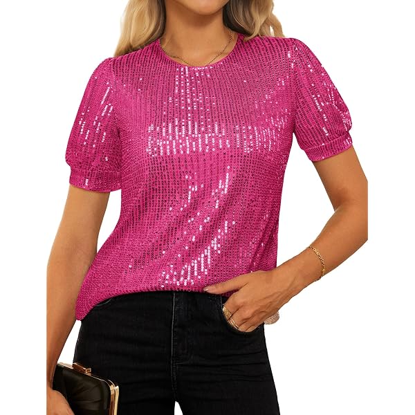 Floerns Camicetta Lucida Con Paillettes Per Donna - Top Con Scollo Asimmetrico E Maniche Corte, Perfetta Per Feste, Serate In Discoteca E Uscite - 4