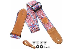 Nefelibata Gitarrengurt,2 "Doppelte Lederenden,Vintage Woven W/FREE BONUS-4 Picks+Strap Locks+Strap Button,Bestes Geschenk für Bass,Elektro&Akustik Gitarren für Gitarre(Vintage blau rot Stickerei)