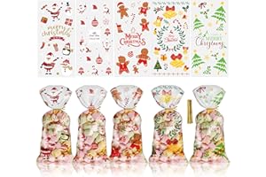 BROMMAT 100 sacchetti natalizi in cellophane, sacchetti natalizi in plastica con lacci per caramelle, biscotti, dolcetti, confezioni regalo, forniture per bomboniere natalizie