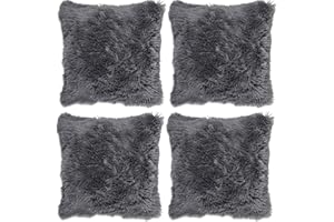 Adore 4 x Long Pile Super Soft and Cuddly Shaggy 17x17 (43x43cm) Cushion Cover, Charcoal